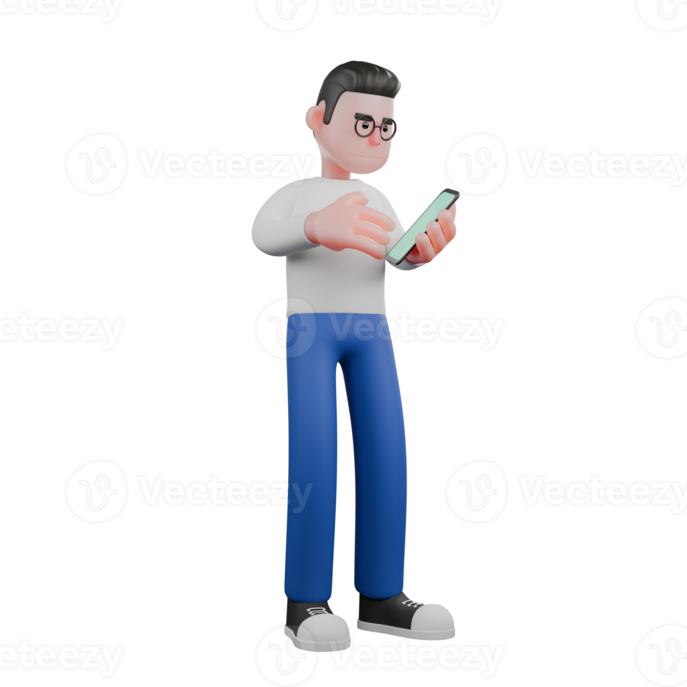 Cartoon Character 3D Model Editor Design. A Male Editor stands with a cellphone in his left hand while playing with the cellphone screen, focused expression. Professional Model png