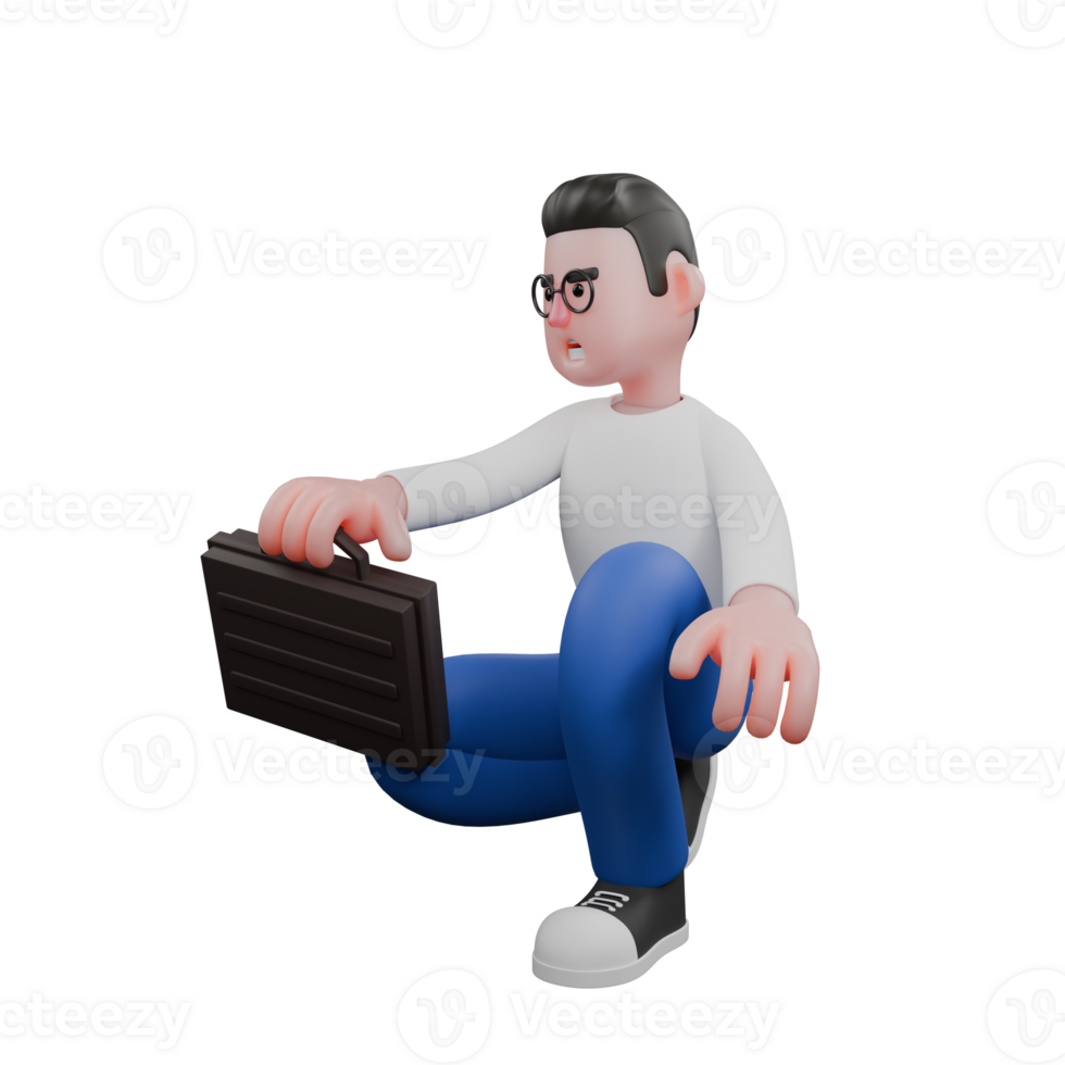 Cartoon Character 3D Model Editor Design. A Male Editor crouches with one hand holding a briefcase, an expression ready to work. Professional Model png