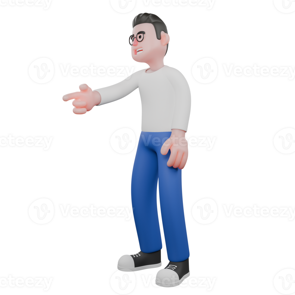 Cartoon Character 3D Model Editor Design. A Male Editor Stands facing right with one hand pointing forward, laughing expression. Professional Model png