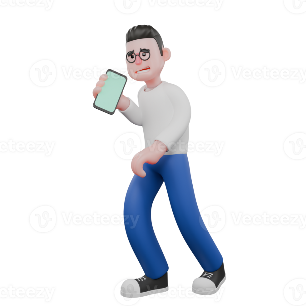 Editor in Cartoon Style 3D Model Illustration. A Male Editor walks holding a cellphone in his right hand, anxious expression . Design Character png