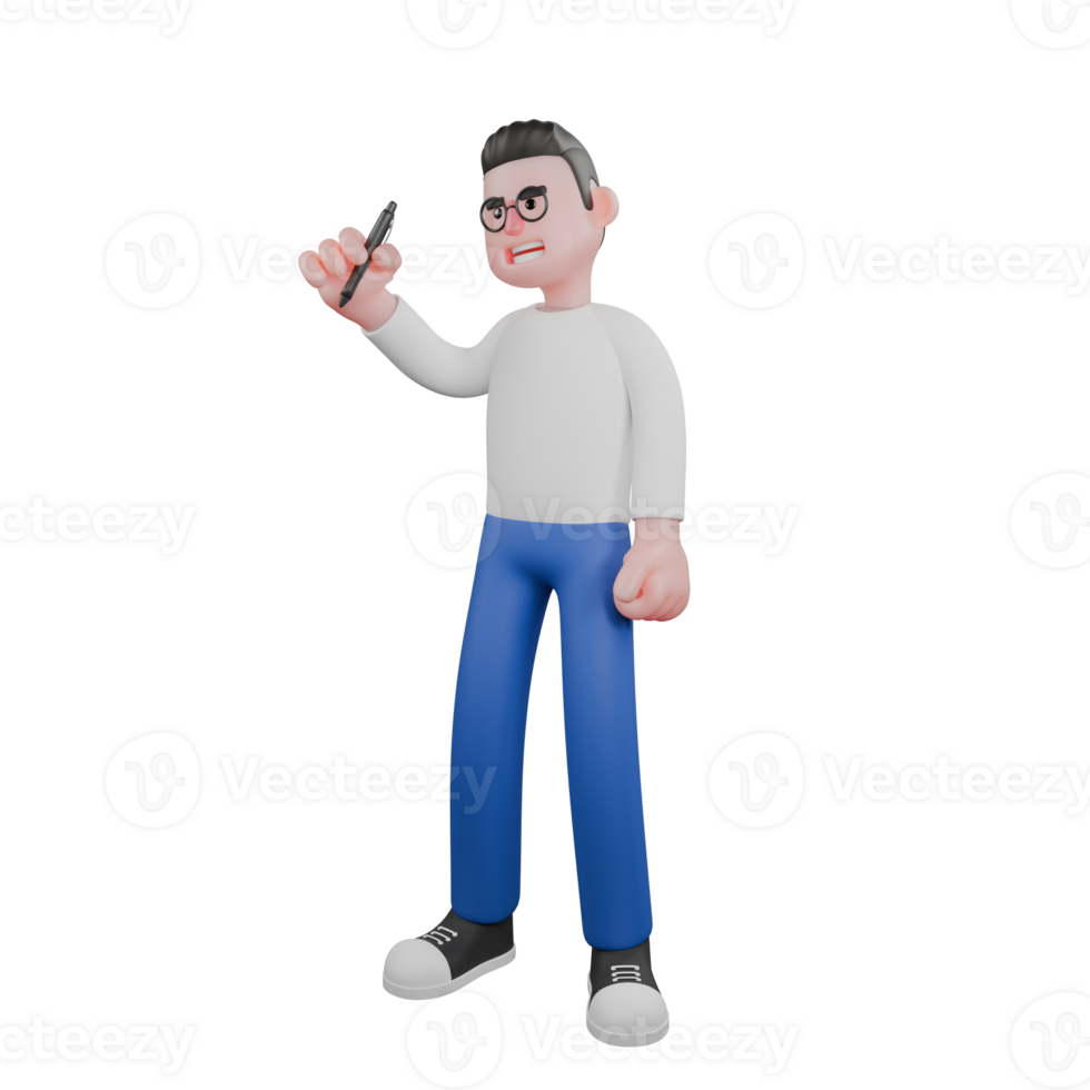 Editor in Cartoon Style 3D Model Illustration. A male Editor stands with one hand holding a pen and other hand clenched, focused expression. Design Character png