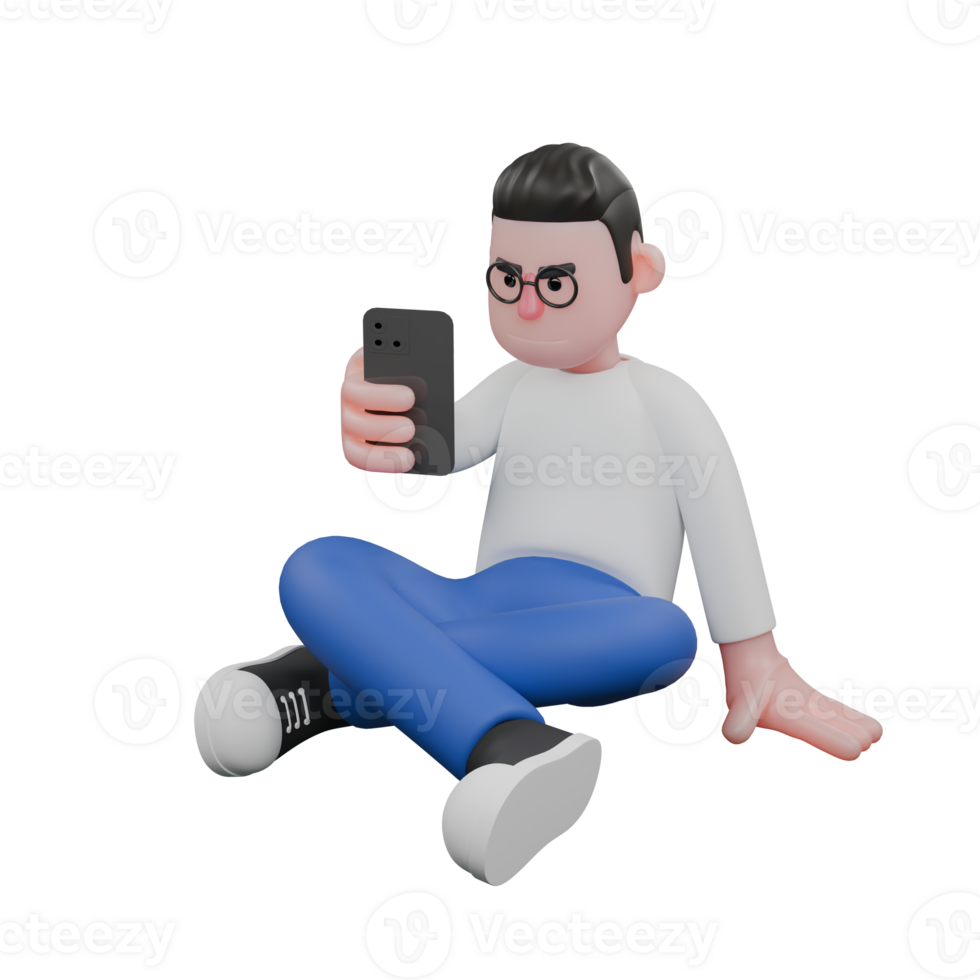 Creative Editor 3D Cartoon Character Design. A Male Editor sits cross-legged on the floor with his right hand holding a cellphone. Design Character png