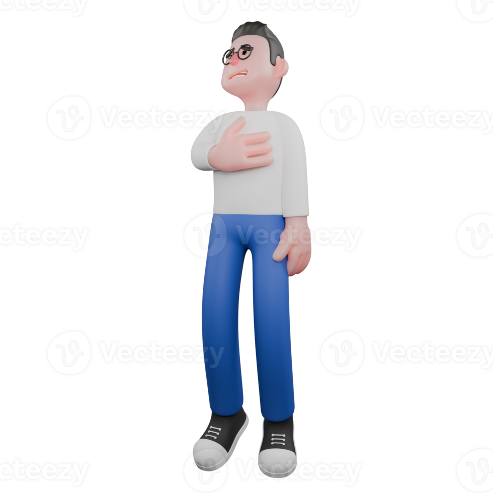 Cartoon Character 3D Model Editor Design. A Male Editor stands with one hand rubbing his chest, tense expression. Professional Model png
