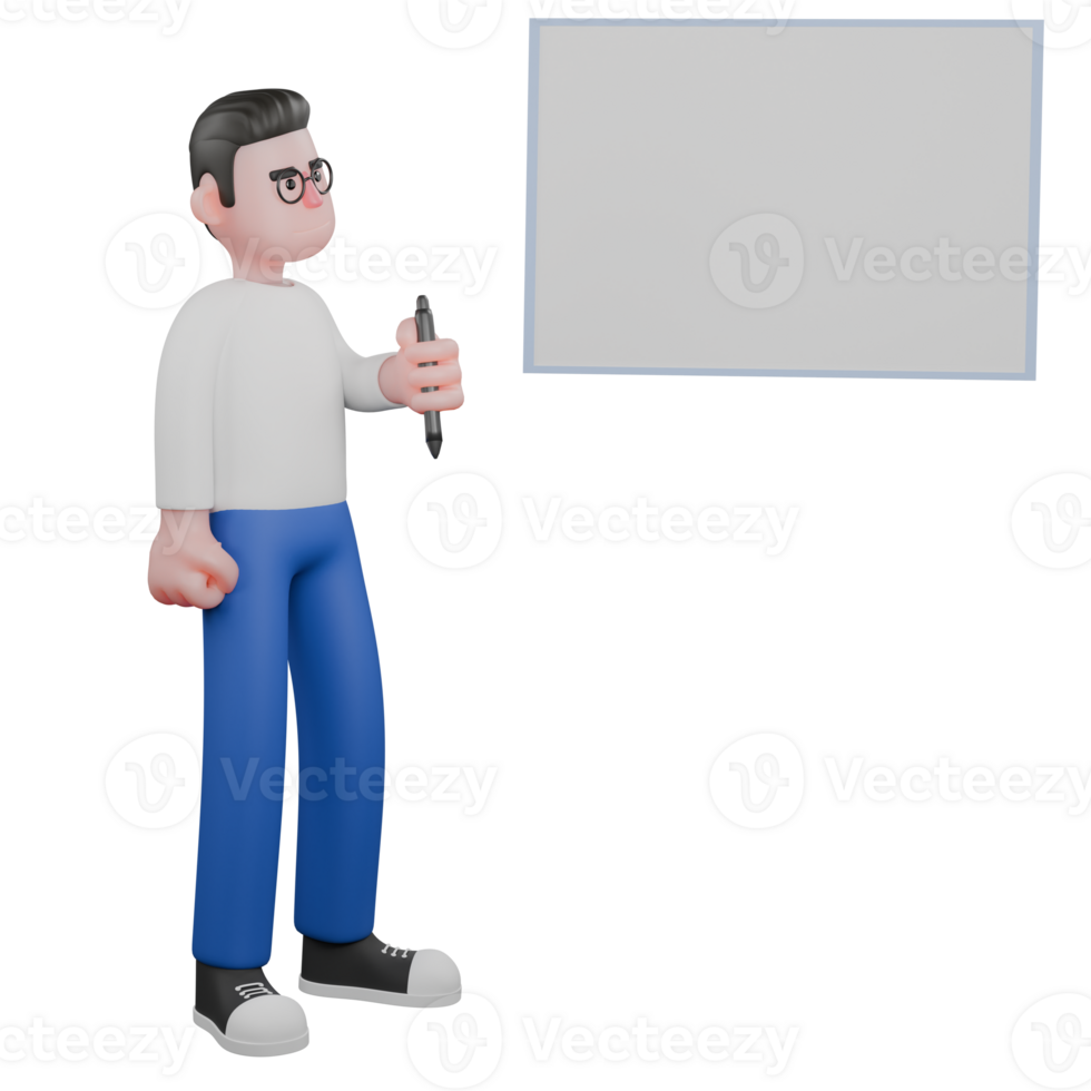 Cartoon Character 3D Model Editor Design. A male editor stands next to a whiteboard holding a pen in his left hand and his right hand clenched while looking at the whiteboard. Illustration Design. png