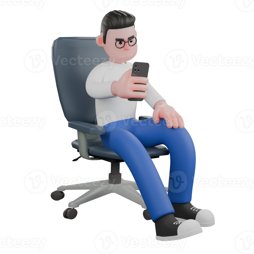 Editor 3D Cartoon Design. A Male Editor sits on a chair with his right hand holding a cellphone and his left hand on his knee, expression focused. Professional Model. png