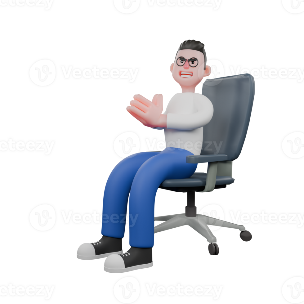 Professional Editing 3D Cartoon Model. A male editor sits with both hands together, clapping expression. Illustration Design. png