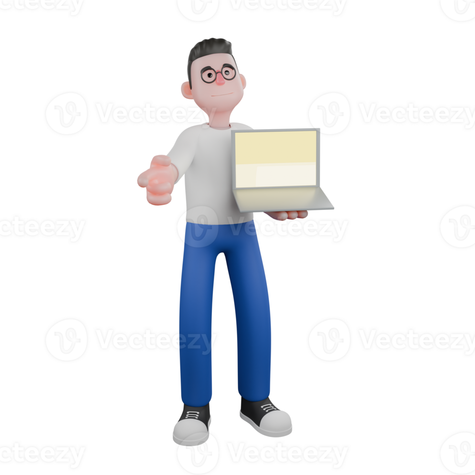 Professional Editing 3D Cartoon Model. A Male Editor Stands with one hand holding an open laptop and the other hand pointing forward. Illustration Design png