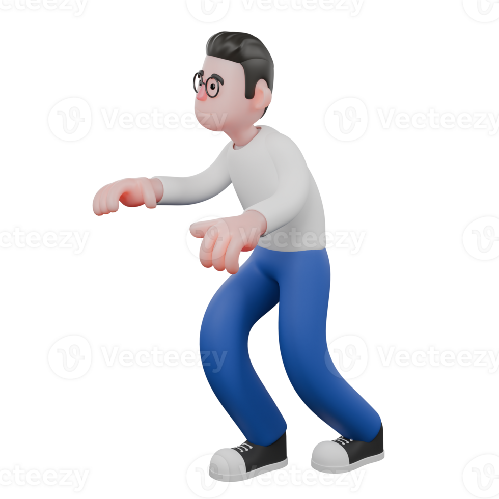 Editor in Cartoon Style 3D Model Illustration. A Male Editor Walks with his body slightly bent, hands trying to reach for something carefully, alert expression. Design Character png