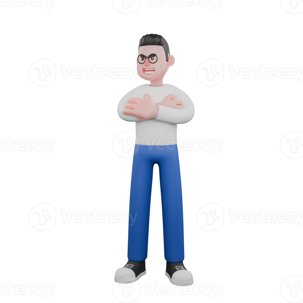 Editor in Cartoon Style 3D Model Illustration. A male editor stands with both hands in front of his chest, cold expression. Professional Model. png
