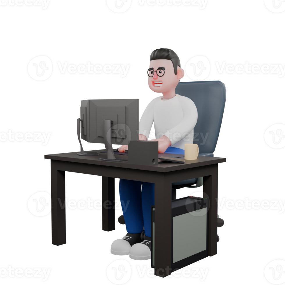 Professional Editing 3D Cartoon Model. A male editor sits with a computer on the table while typing on the keyboard with both hands. Illustration Design. png