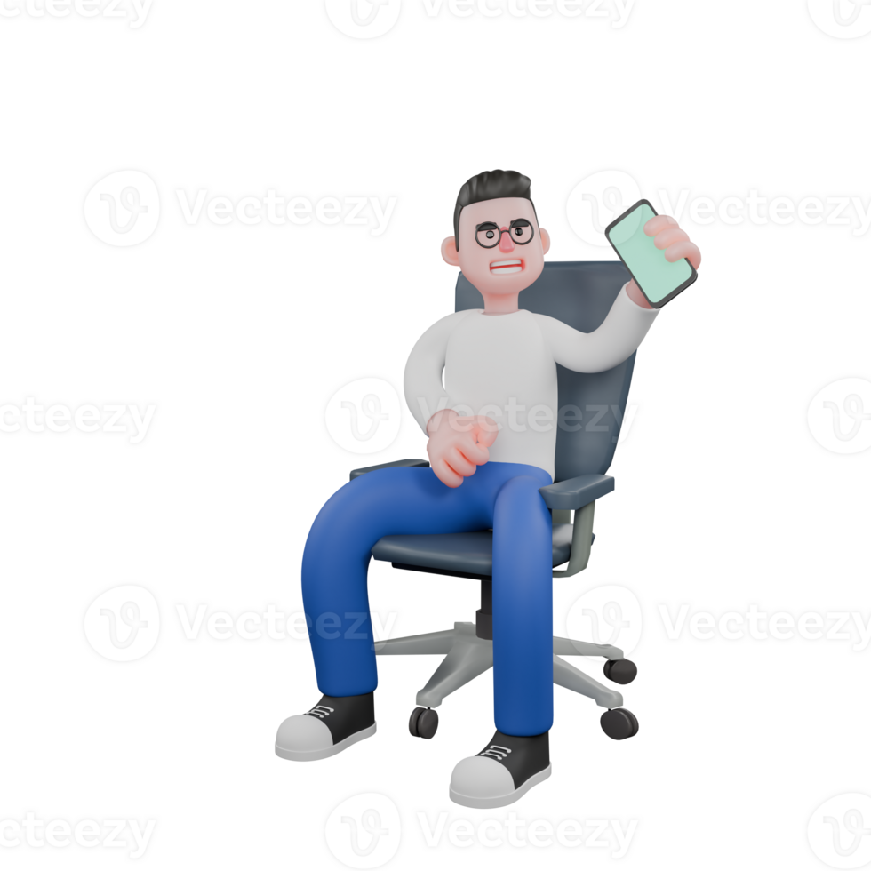 Professional Editing 3D Cartoon Model. A male Editor sits on a chair with right hand clenched in front of his body while left hand holds a phone. Illustration Design png