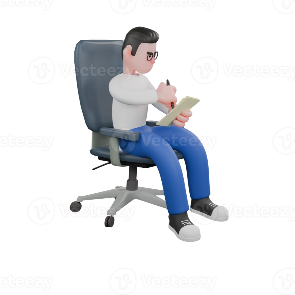 Professional Editing 3D Cartoon Model. A male editor sits holding several sheets of paper and pens in both hands, an expression of writing. Professional Model. png