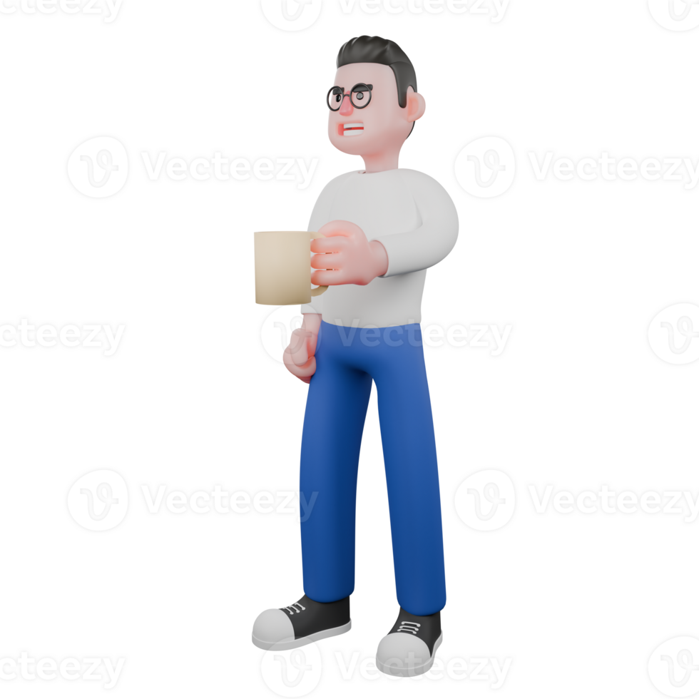 Editor in Cartoon Style 3D Model Illustration. A male Editor standing with left hand outstretched holding a cup of coffee while right hand is beside his body, relieved expression. Design Character png