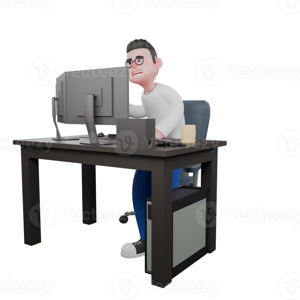 Editor in Cartoon Style 3D Model Illustration. A Male Editor stands behind a work desk, hands touching the wall . Design Character png