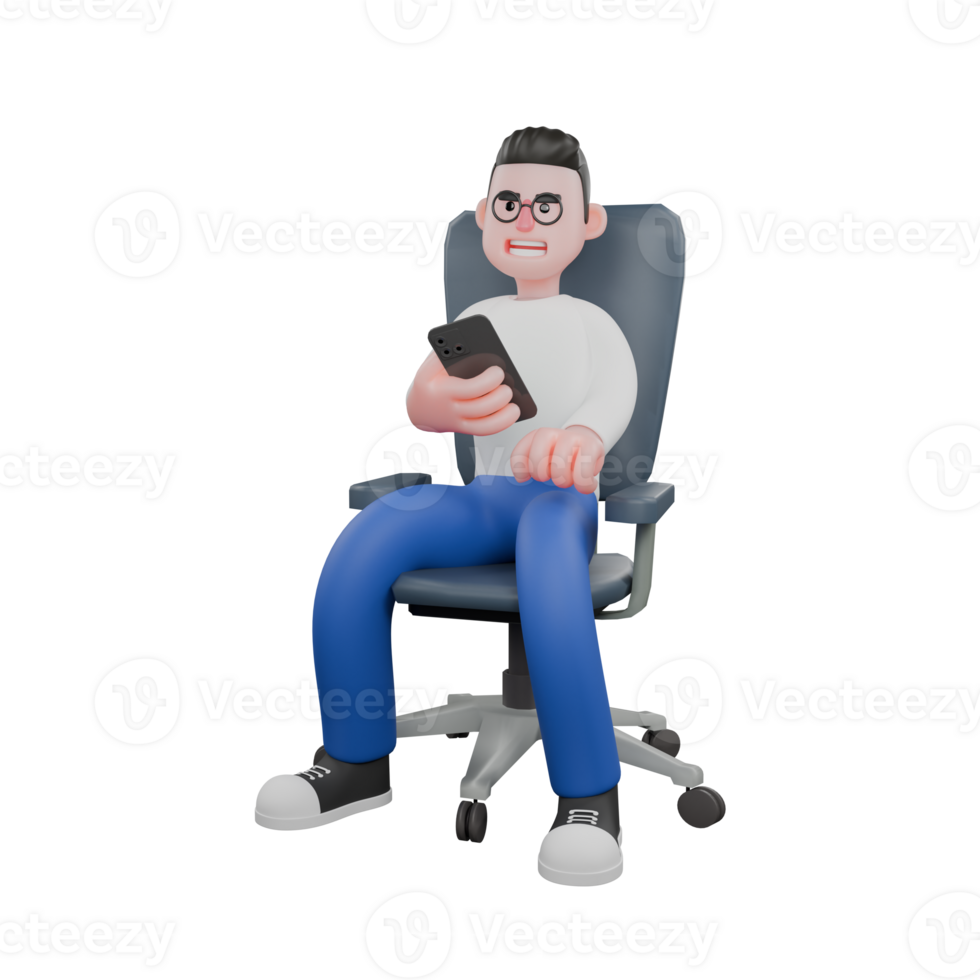 Cartoon Character 3D Model Editor Design. A male Editor sits on a chair with right hand holding a phone and left hand is on his thigh. Professional Model png