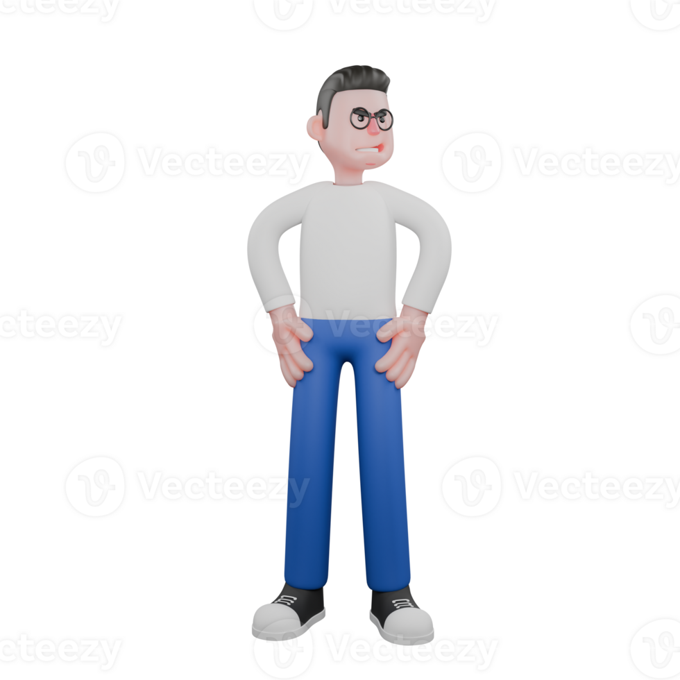 Cartoon Character 3D Model Editor Design. A Male Editor stands with both hands on his waist, looking to the side with a sly expression. Professional Model png