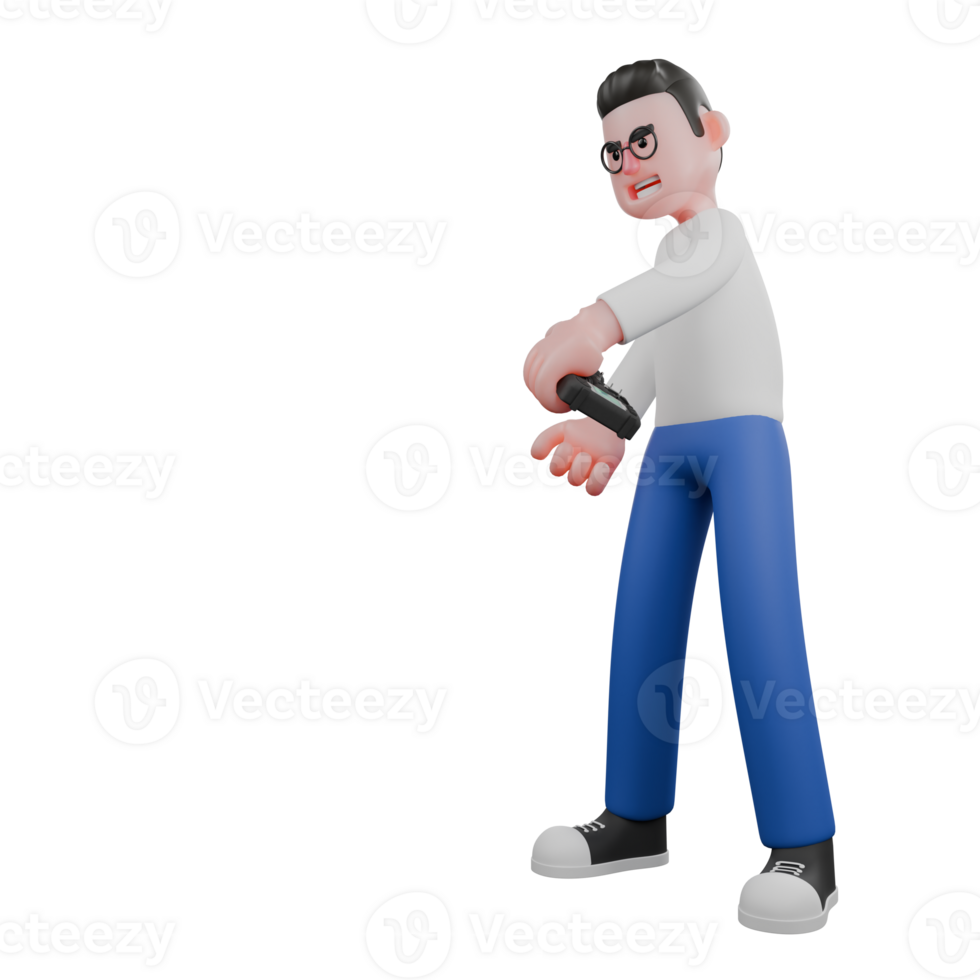 Professional Editing 3D Cartoon Model. A male Editor stands with his left hand holding a remote control while the other hand is extended forward, serious expression. Illustration Design png