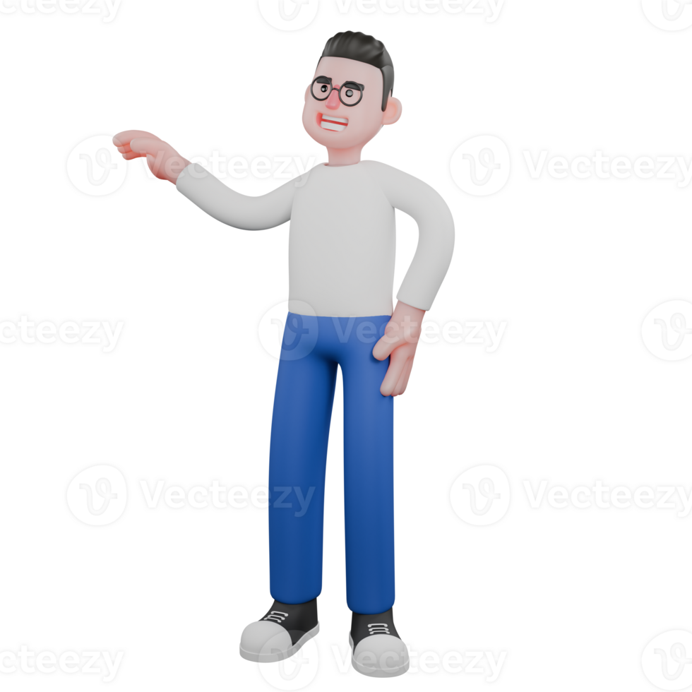Cartoon Character 3D Model Editor Design. A male editor stands with his right hand extended to the side and his left hand on his waist, embracing expression. Design Character. png