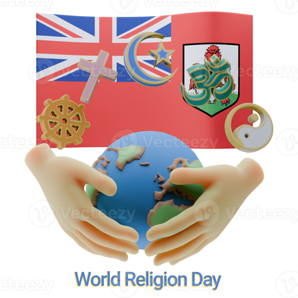 Refined 3D renders of World Religion Day Written in Bermuda Language and Flags png