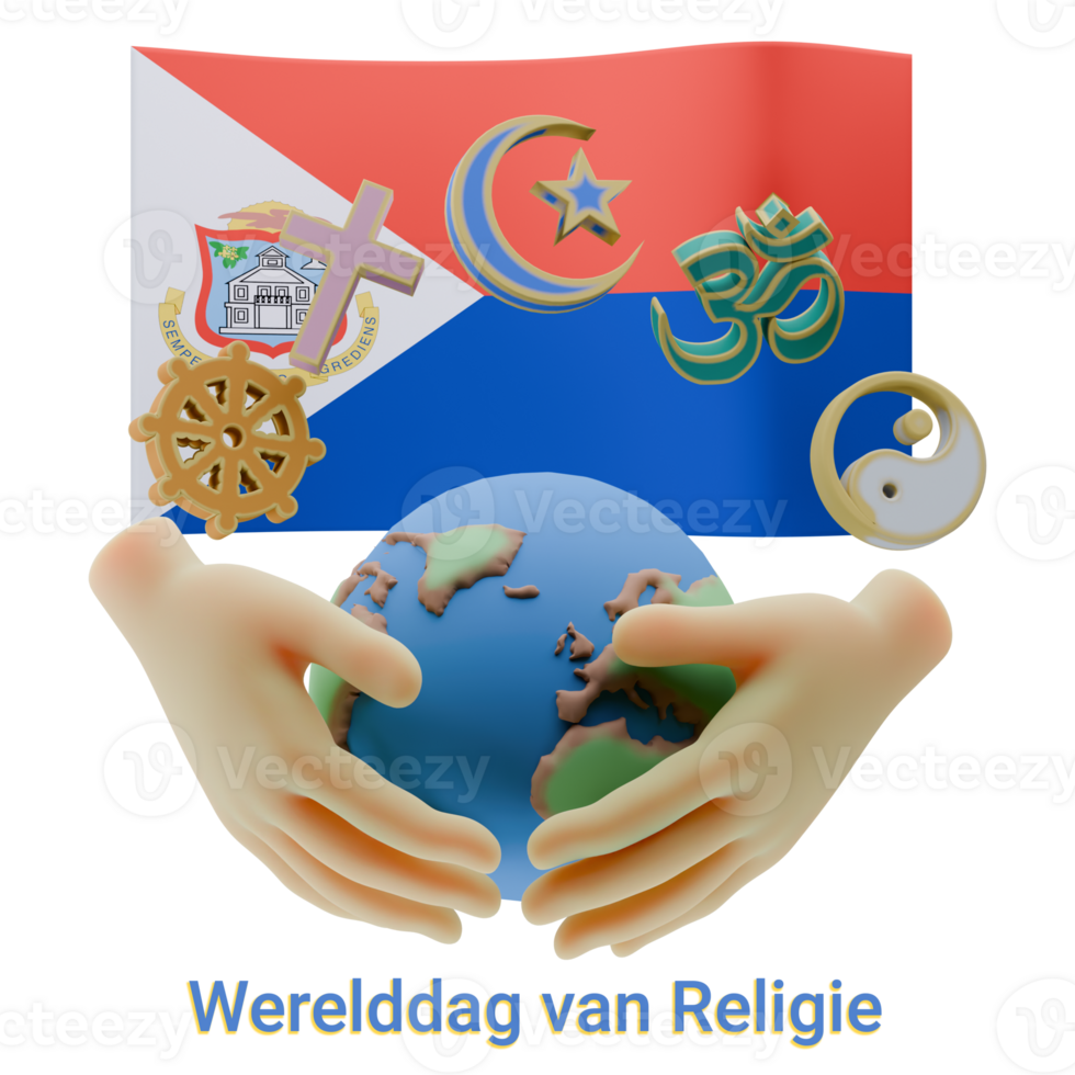 Glinting 3D renders of World Religion Day Written in Sint Maarten Language and Flags png