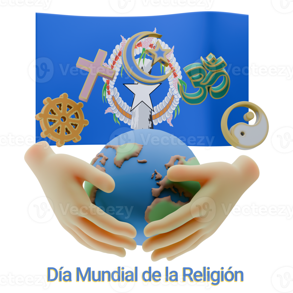 Elated 3D renders of World Religion Day Written in Mariana Islands Language and Flags png