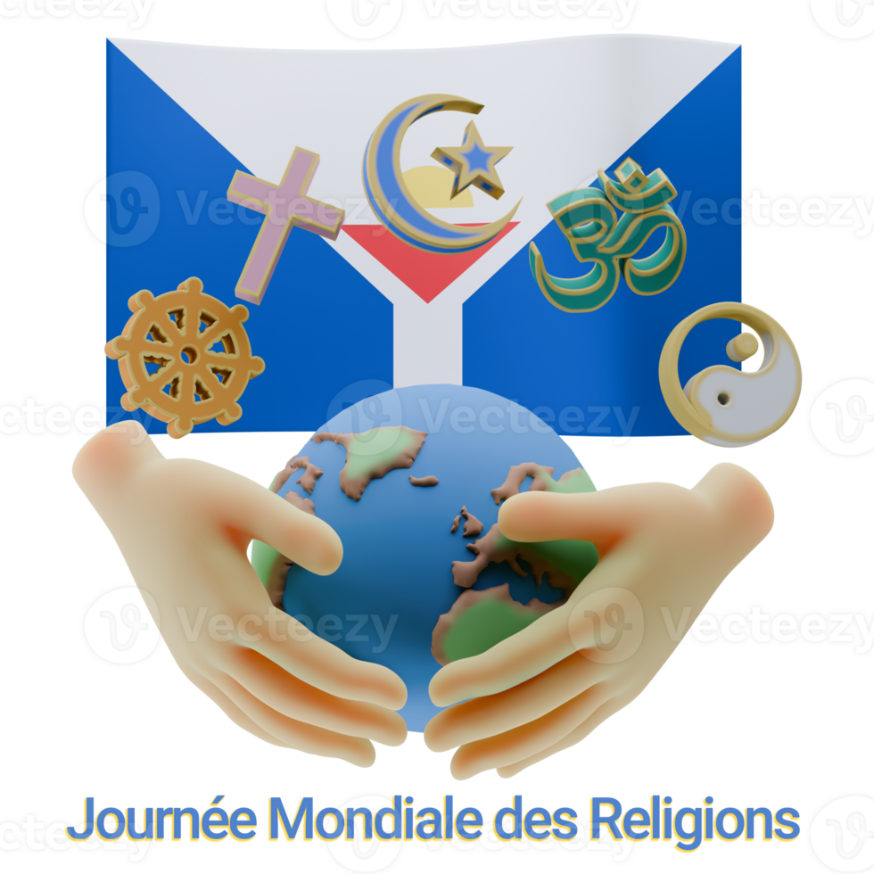 Formal 3D renders of World Religion Day Written in Saint Martin Language and Flags png