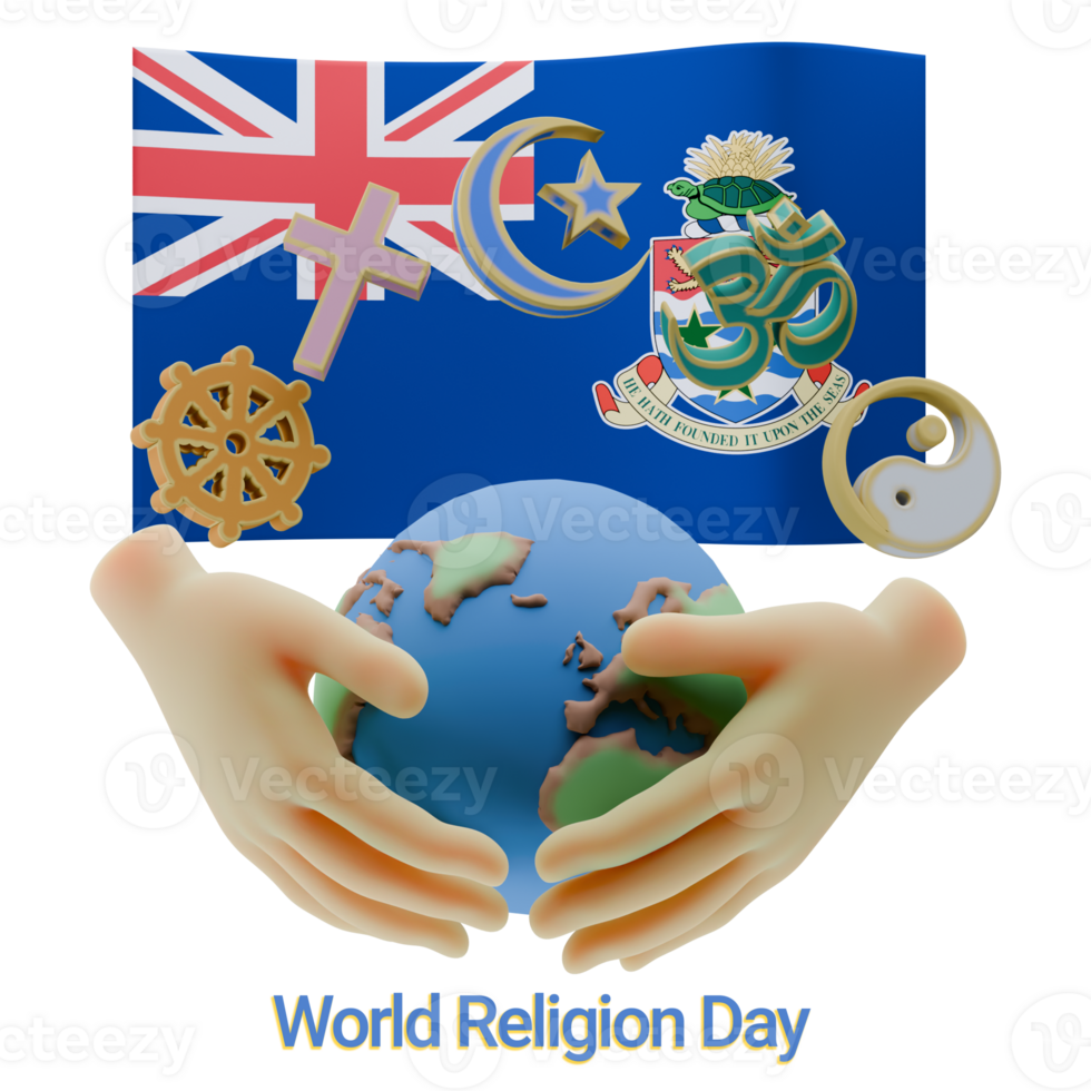 Showy 3D renders of World Religion Day Written in Cayman Islands Language and Flags png