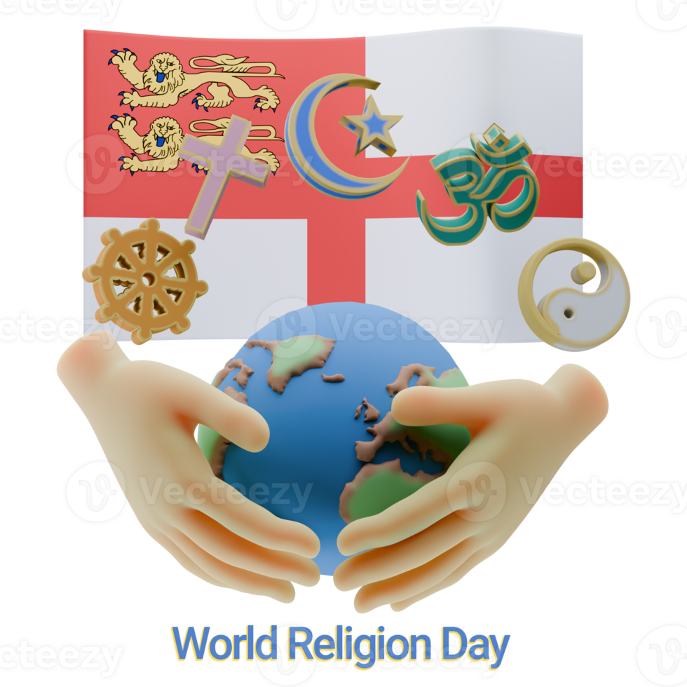 Invigorating 3D renders of World Religion Day Written in Sark Language and Flags png