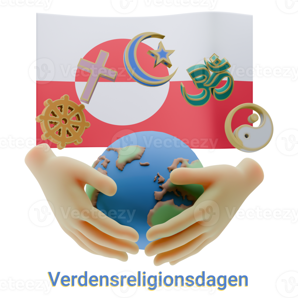 Composed 3D renders of World Religion Day Written in Greenland Language and Flags png