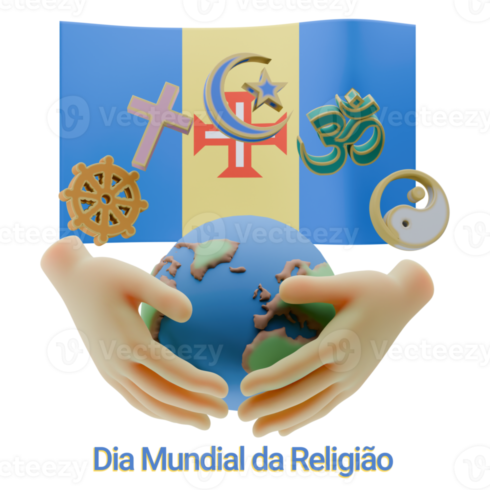 Effulgent 3D renders of World Religion Day Written in Madeira Language and Flags png