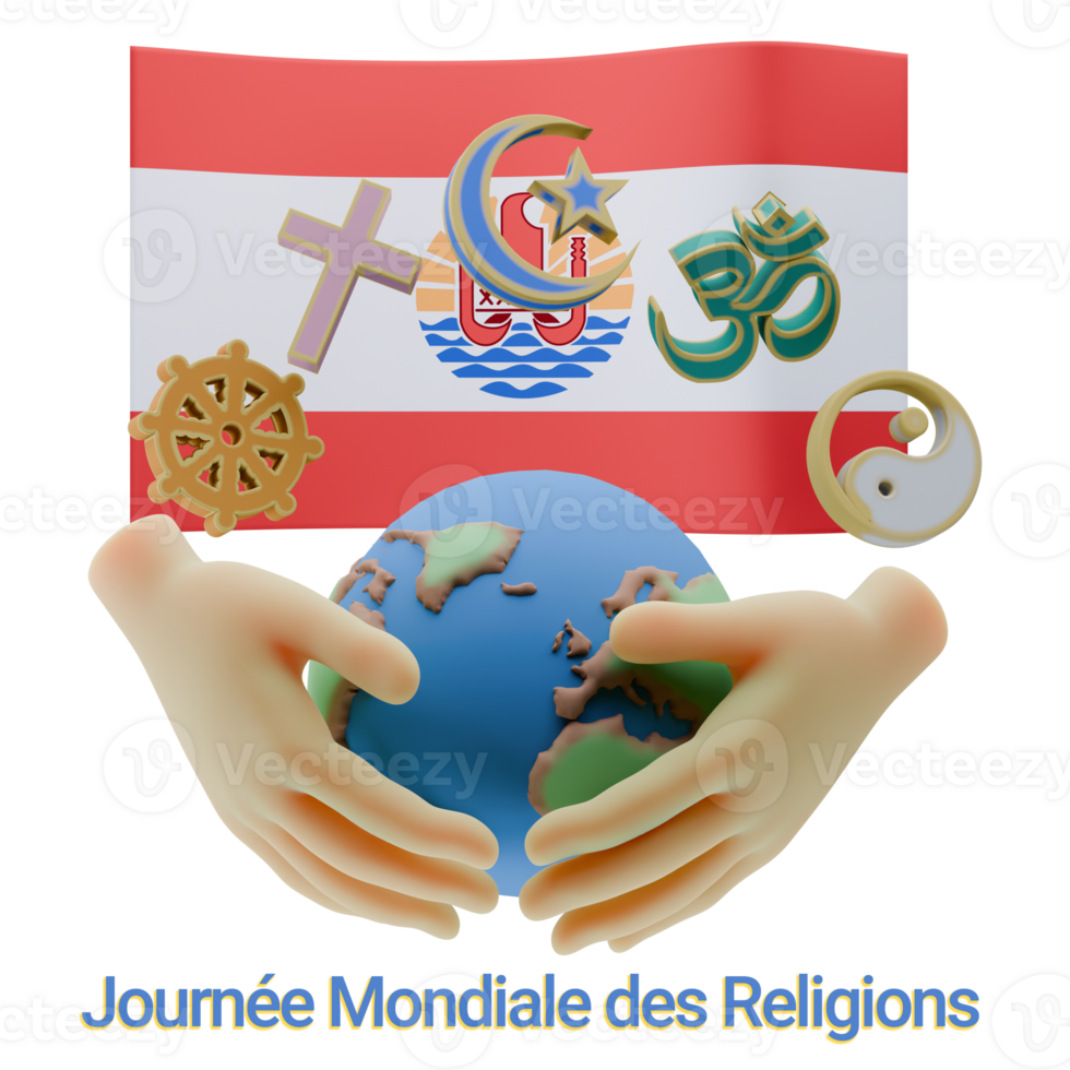 Expressive 3D renders of World Religion Day Written in Polynesia Language and Flags png