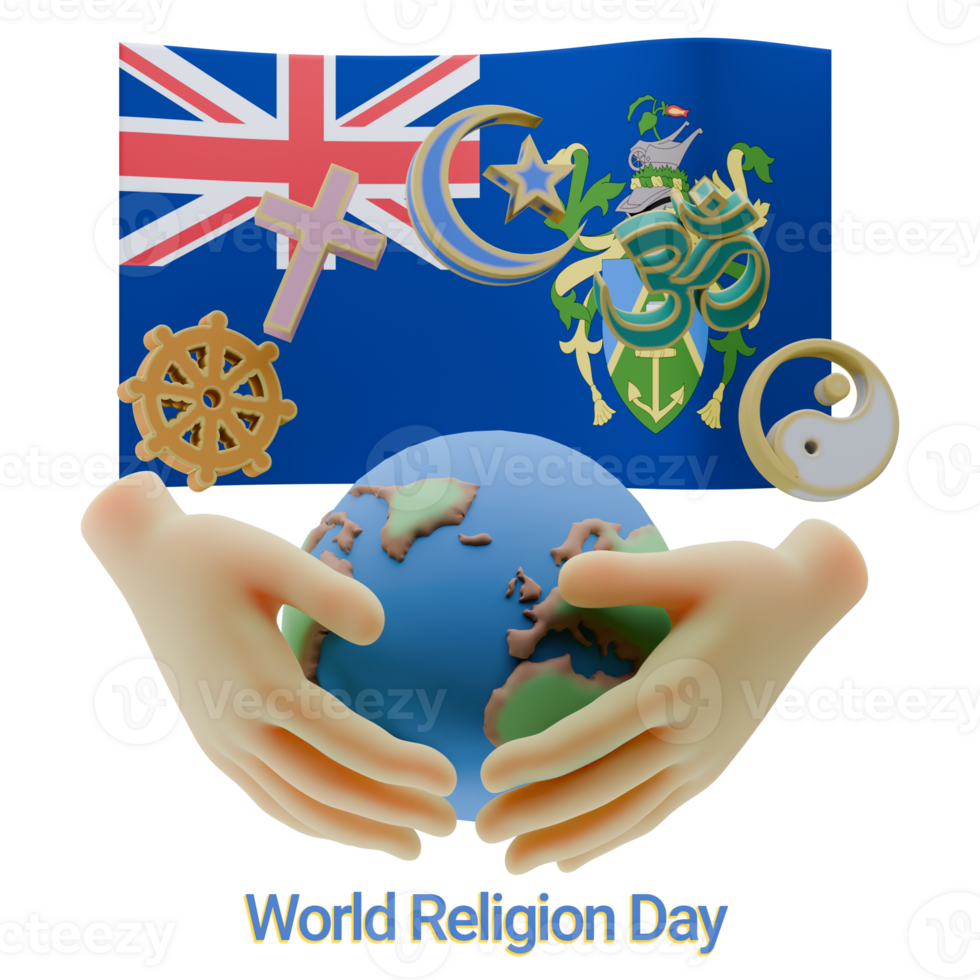 Exceptional 3D renders of World Religion Day Written in Pitcairn Islands Language and Flags png