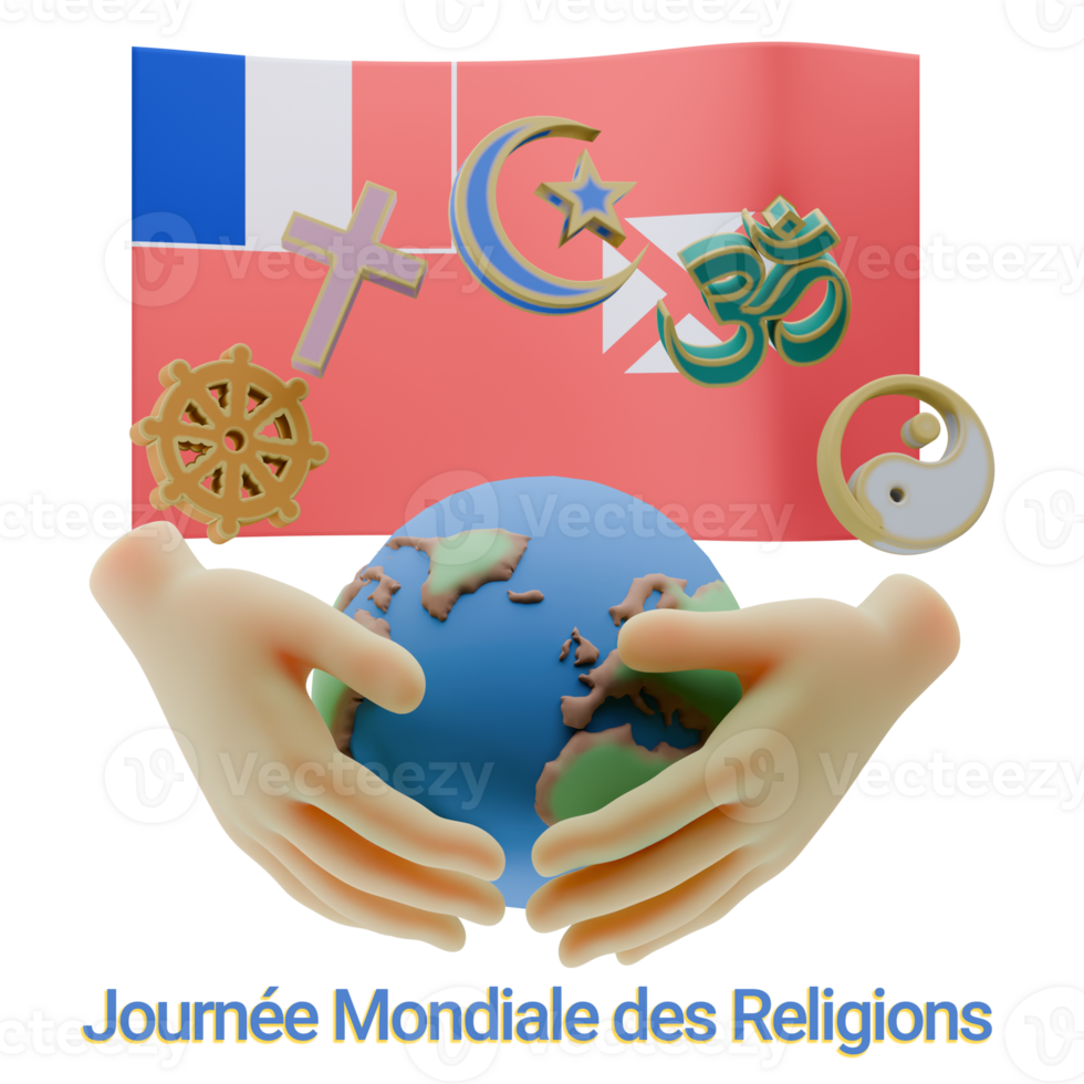 Inspiring 3D renders of World Religion Day Written in Wallis and Futuna Language and Flags png