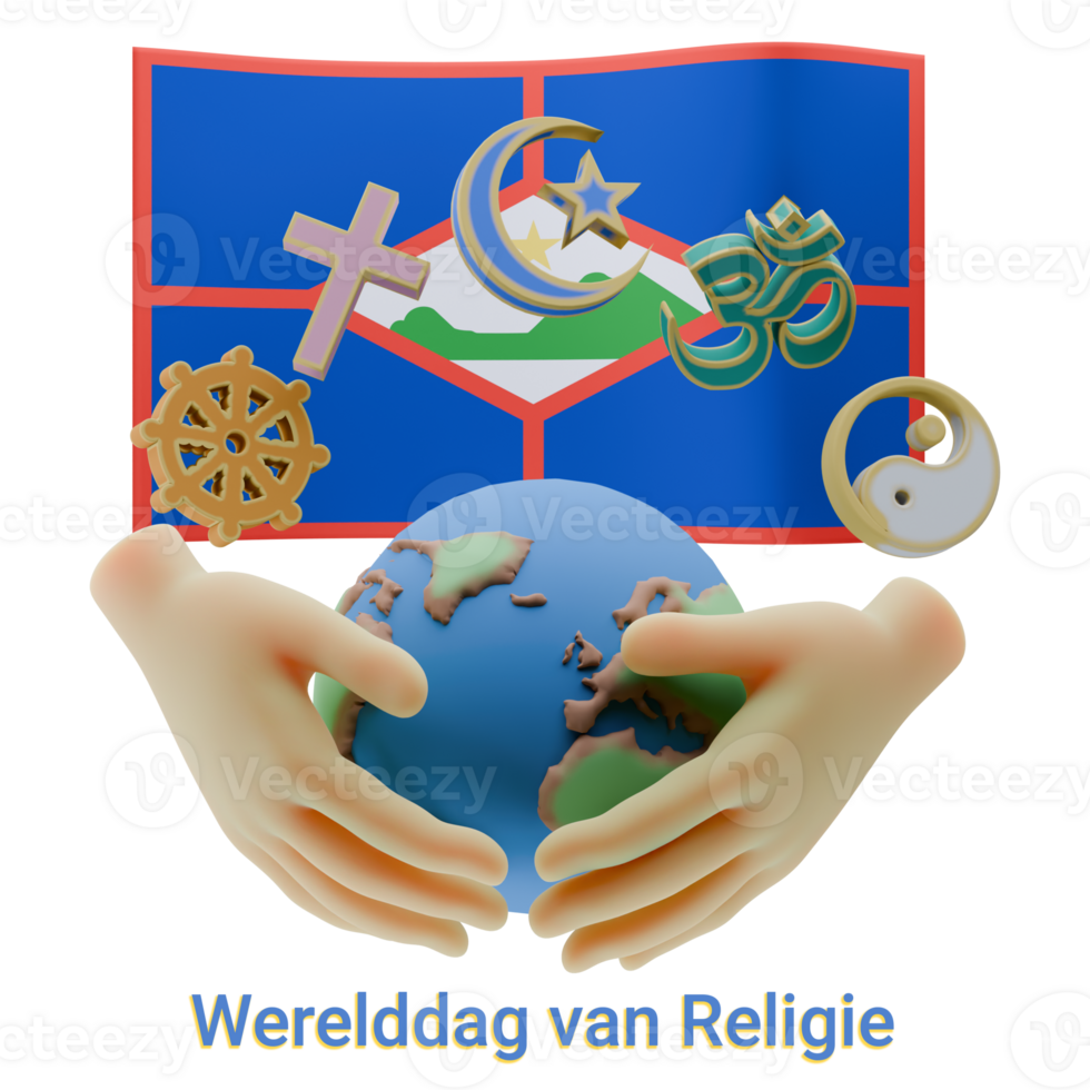 Gleeful 3D renders of World Religion Day Written in Sint Eustatius Language and Flags png