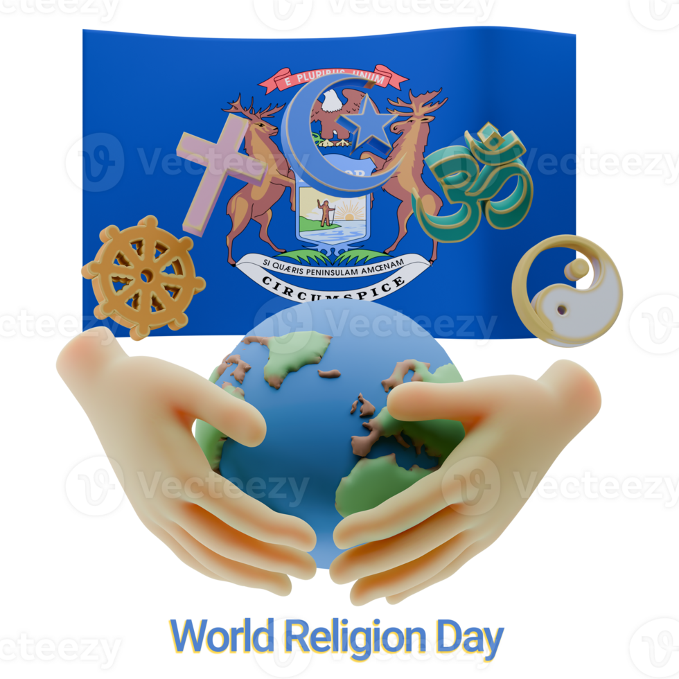 Striking 3D renders of World Religion Day with Michigan Flags png