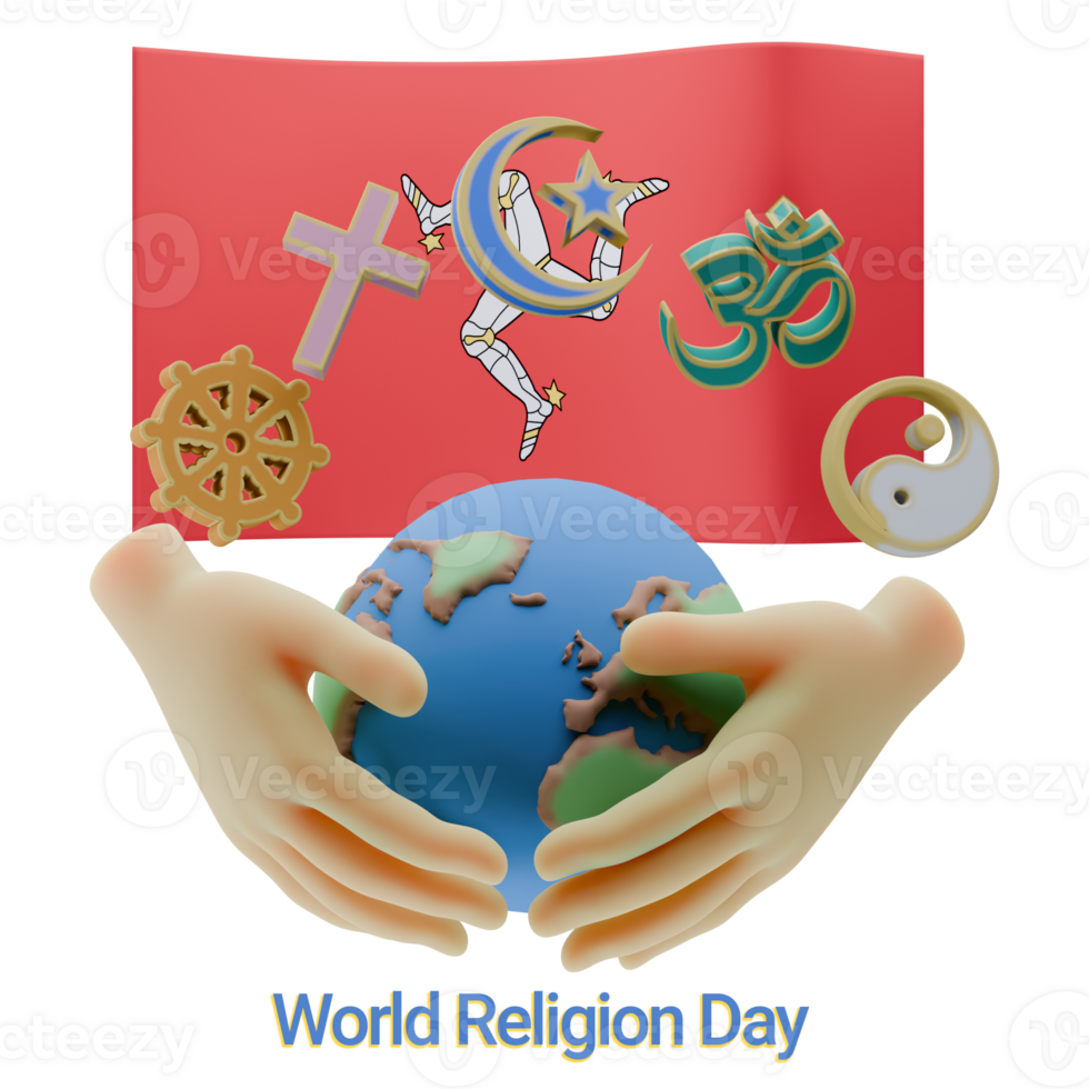 Decadent 3D renders of World Religion Day Written in Isle of Mann Language and Flags png