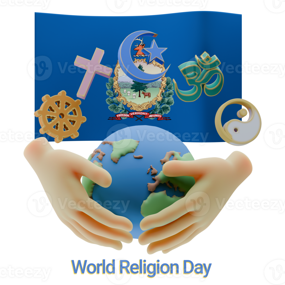 Dramatic 3D renders of World Religion Day with Vermont Flags png