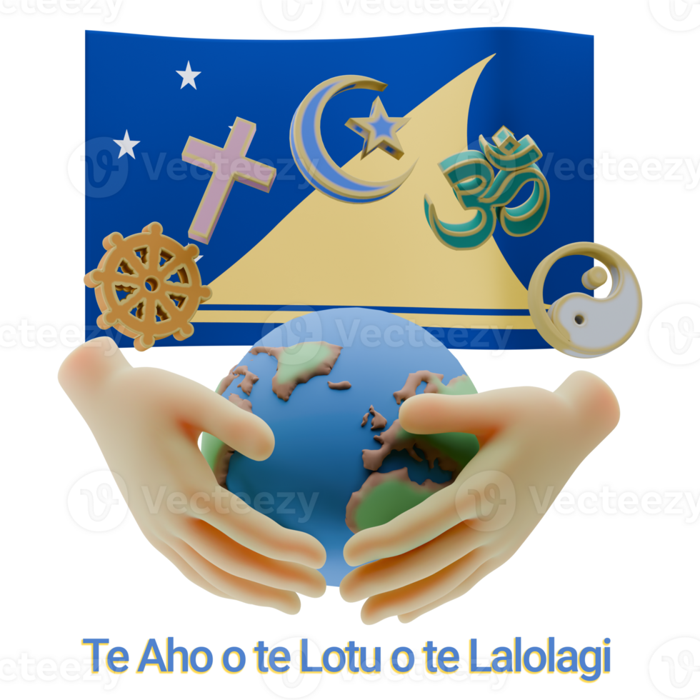 Harmonized 3D renders of World Religion Day Written in Tokelau Language and Flags png