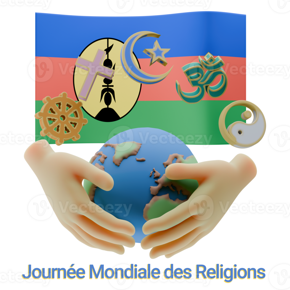 Energetic 3D renders of World Religion Day Written in New Caledonia Language and Flags png