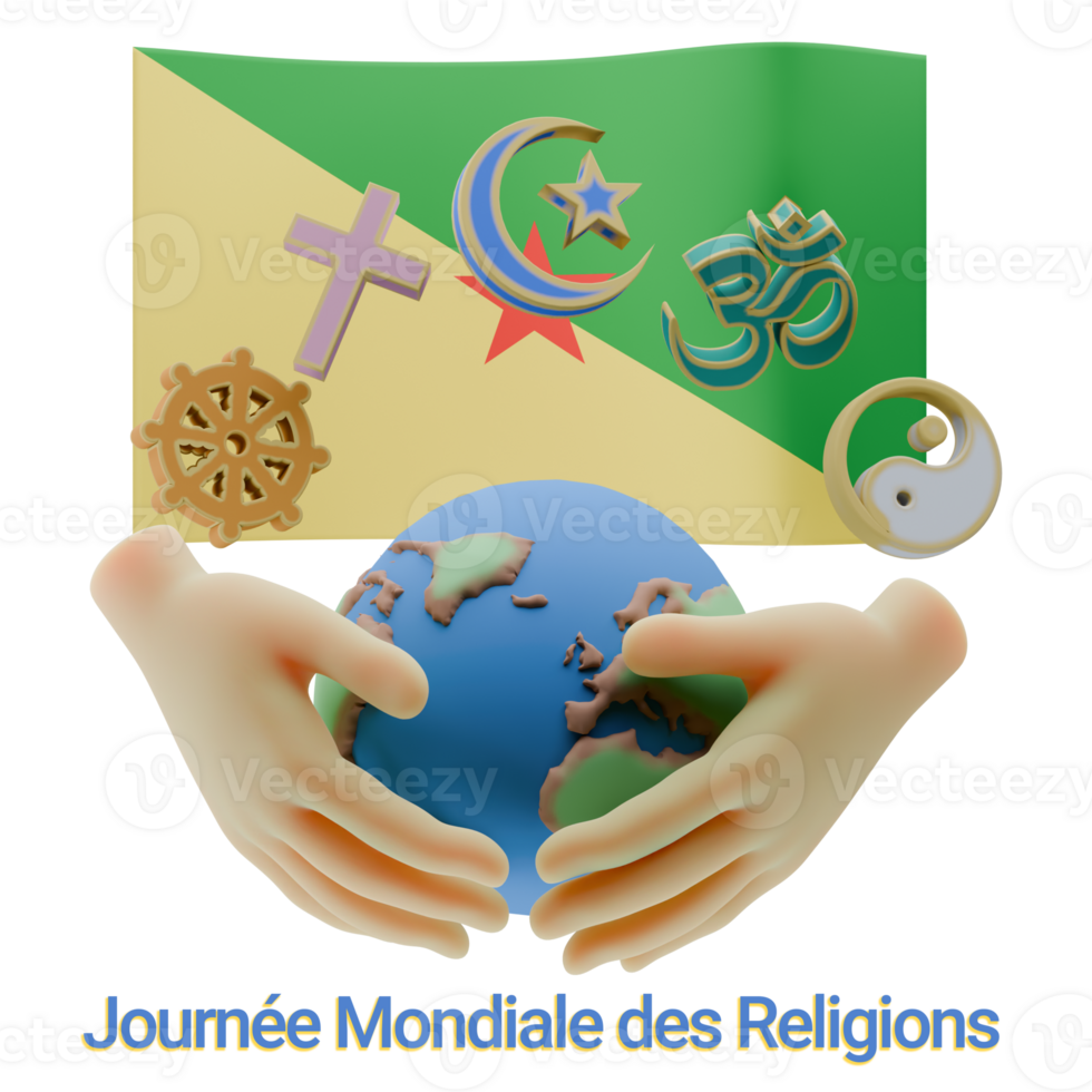 Captivating 3D renders of World Religion Day Written in French Guiana Language and Flags png