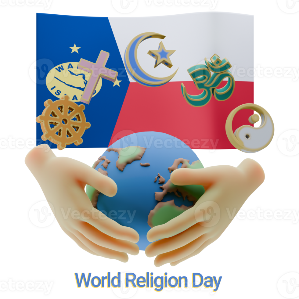 Incandescent 3D renders of World Religion Day Written in Wake Island Language and Flags png