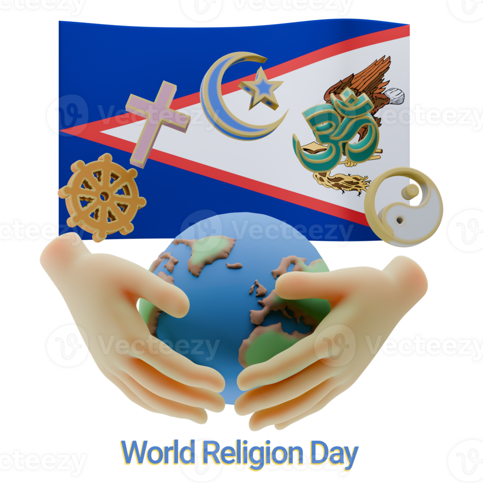 Perfect 3D renders of World Religion Day Written in American Samoa Language and Flags png