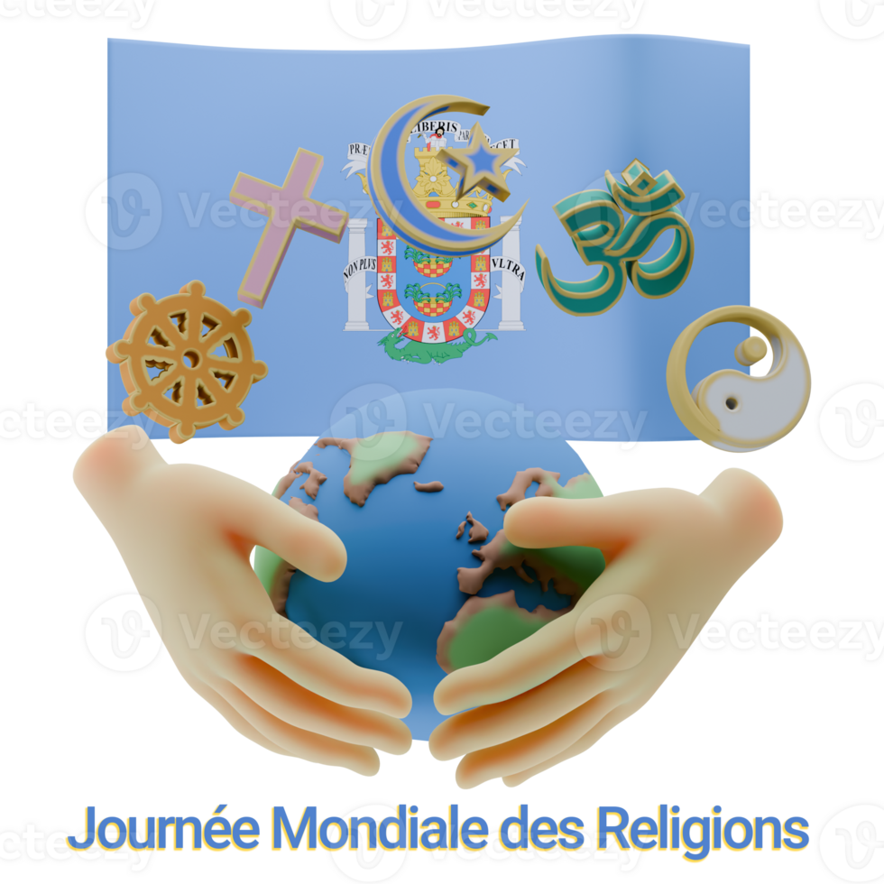 Emblematic 3D renders of World Religion Day Written in Melilla Language and Flags png