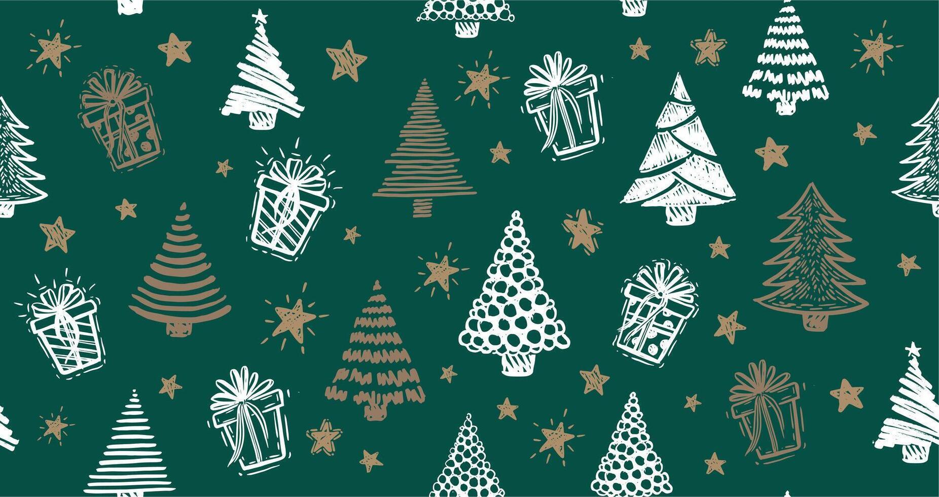 New Year set on green, Christmas tree, hand drawn illustrations vector
