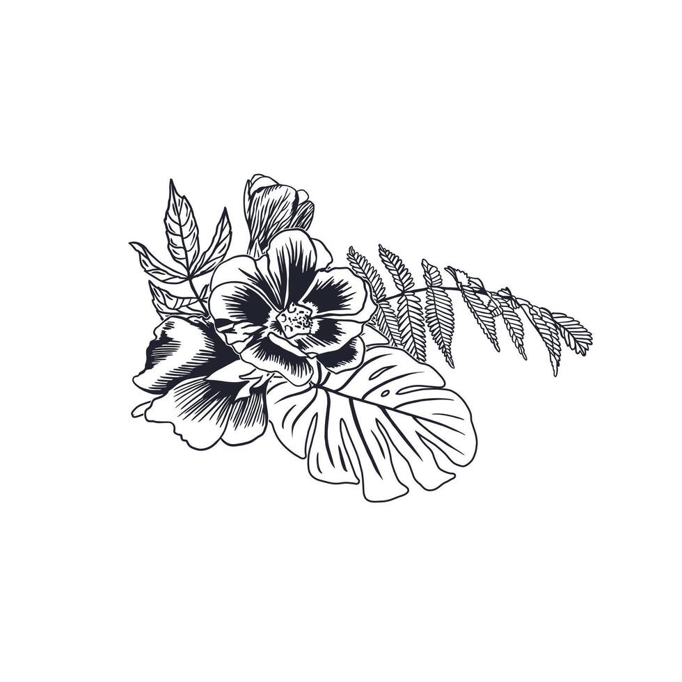 Bouquet of flowers with monstera leaves and fern. Hand drawn illustration in graphic style with ink. For greeting cards, invitations, labels, posters, tattoo. vector