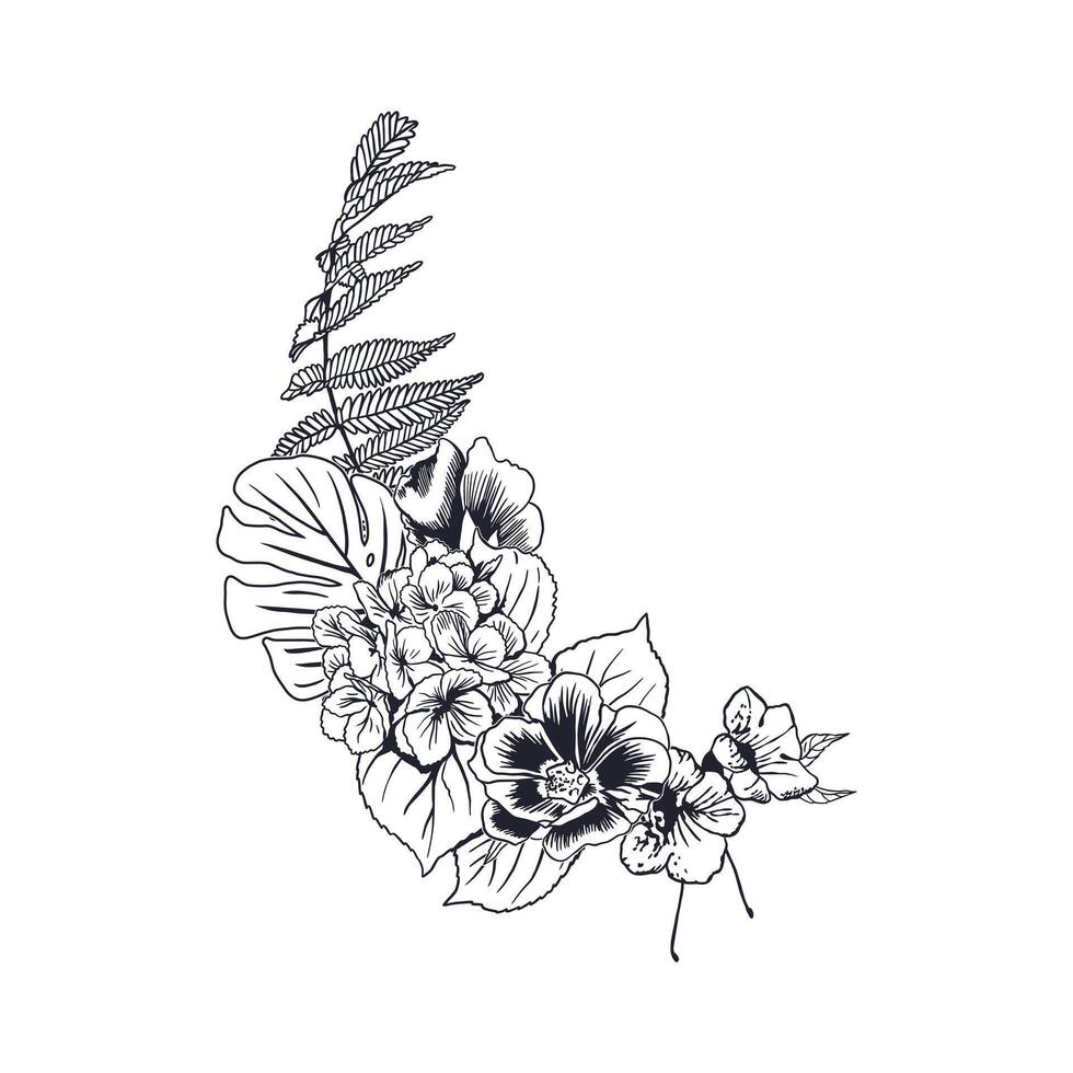 Bouquet of hydrangea flowers and anemone with monstera leaves, fern. Hand drawn illustration in graphic style with ink. For greeting cards, invitations, labels, posters, tattoo. vector