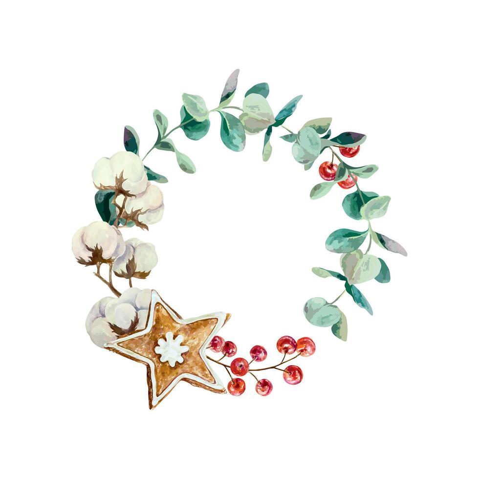 Christmas wreath with eucalyptus, gingerbread, cotton, red berries, watercolor. Hand drawn illustration isolated on white. For New Year cards, holiday winter banners, invitations, posters. vector