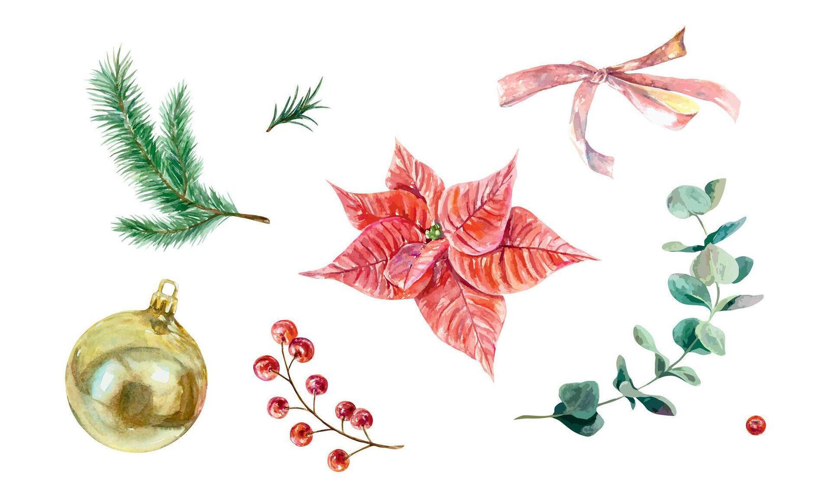 Christmas set with poinsettia, golden ball, fir tree branch, eucalyptus, red berries, watercolor. Hand drawn illustration. For New Year cards, festive winter banners, invitations, posters. vector