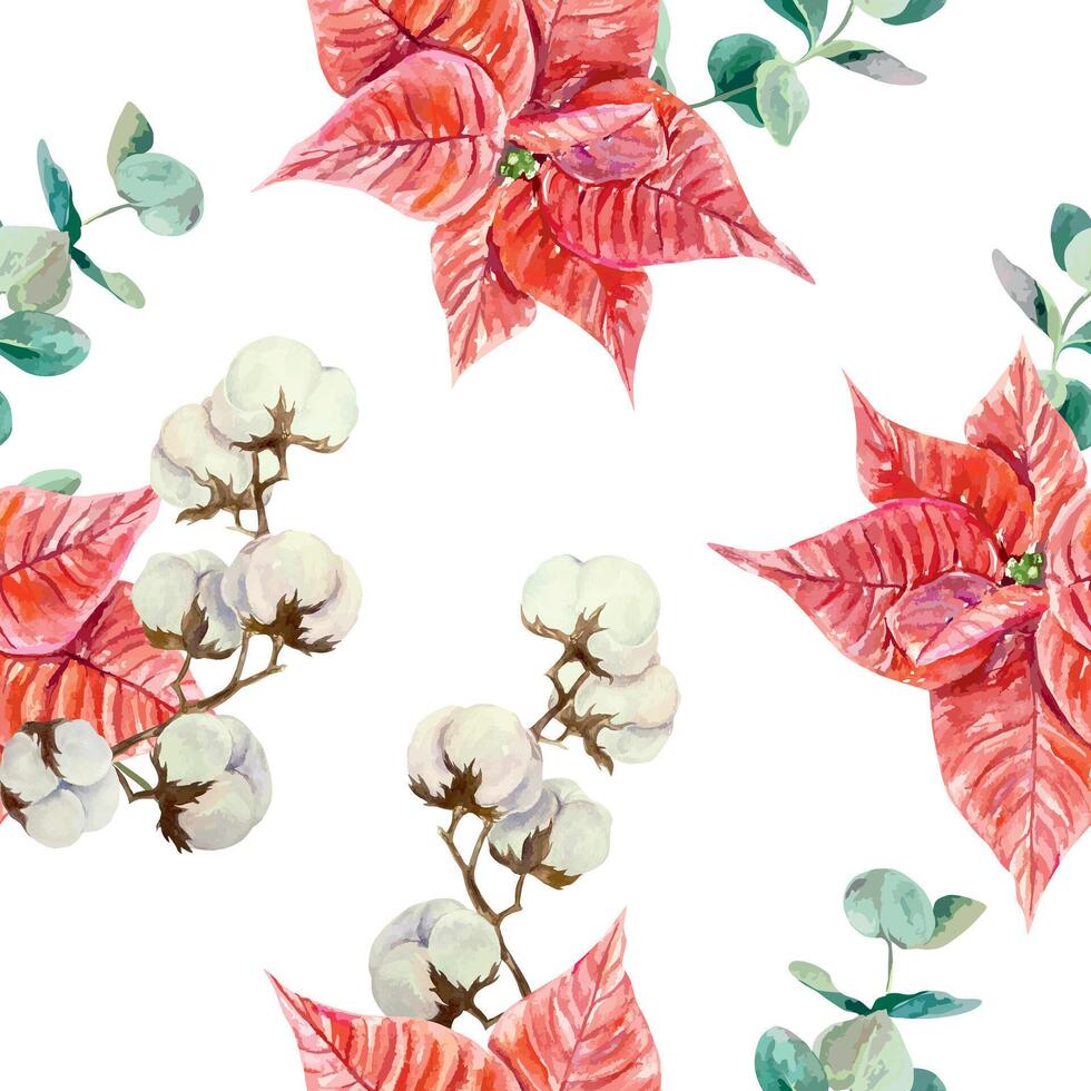 Christmas poinsettia flower, cotton and eucalyptus sprig, watercolor seamless pattern. Hand drawn illustration. For New Year cards, invitations, wrapping paper, textiles, covers. vector