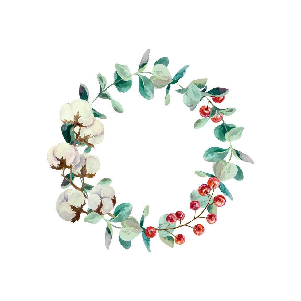 Christmas wreath with eucalyptus branch, cotton, red berries, watercolor. Hand drawn illustration isolated on white. For New Year cards, festive winter banners, invitations, posters. vector